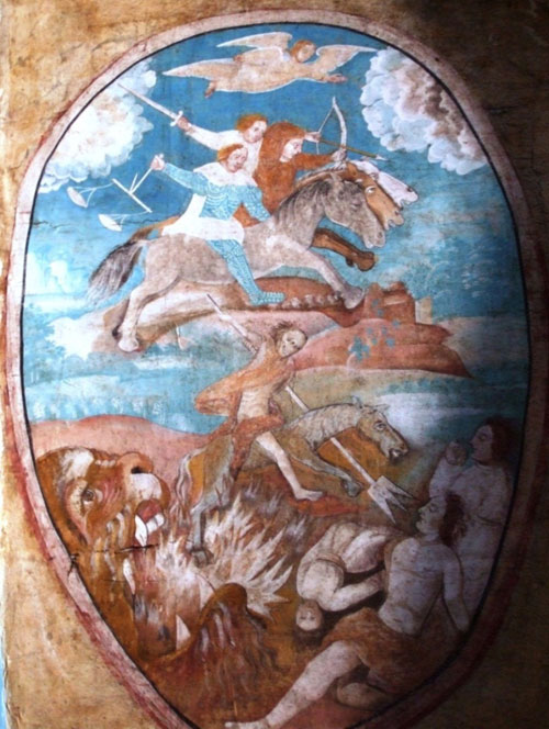 <em>Figura 3</em>.  Los  jinetes del apocalipsis abren la interpretación de América. Fragmento del sotocoro de la Iglesia de Tecamachalco, siglo XVI.