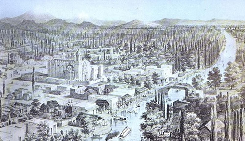 Litografía de Casimiro Castro de 1855 en la que se aprecia el pueblo y puente de Iztacalco, y el Canal de la Viga (Aguirre Botello, 2000)
