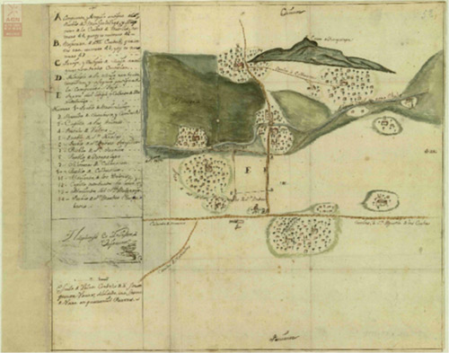 Mexicalzingo, Churubusco, Tetepilco, Iztapalapa y Culhuacán, 1747, (Instituciones Coloniales, Colecciones, Mapas, Planos e Ilustraciones 280, AGN)