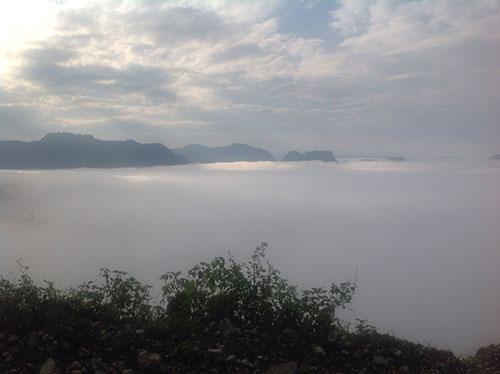 Imagen 1. La simbiosis empieza aquí. Nubes como mar. Camino de Tlacuilotoltepec a Cuaxtla. Foto de la autora, enero 2014.