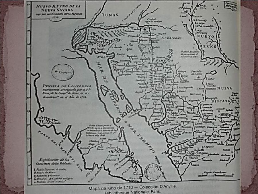 Imagen 1. Río Yaqui y Río Mayo en el mapa del jesuita Eusebio Francisco Kino de 1710