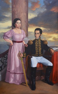 Manuela Sáenz junto a Simón Bolívar. Óleo de Angeloni Tapia, en la pinacoteca de la Academia Nacional de Historia del Ecuador