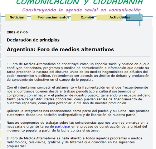 Declaración de principios del Foro de Medios Alternativos, primer documento del Fodema que antecede a la RNMA
