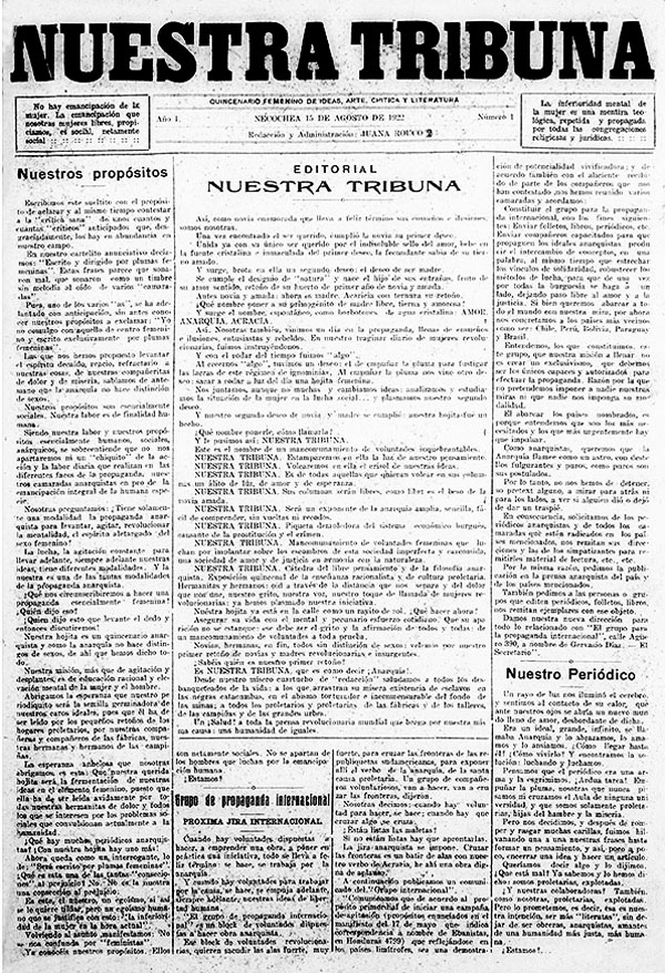 Imagen 3. Portada de <em>Nuestra Tribuna</em> (Necochea), año 1, núm. 1, 15 de agosto de 1922.