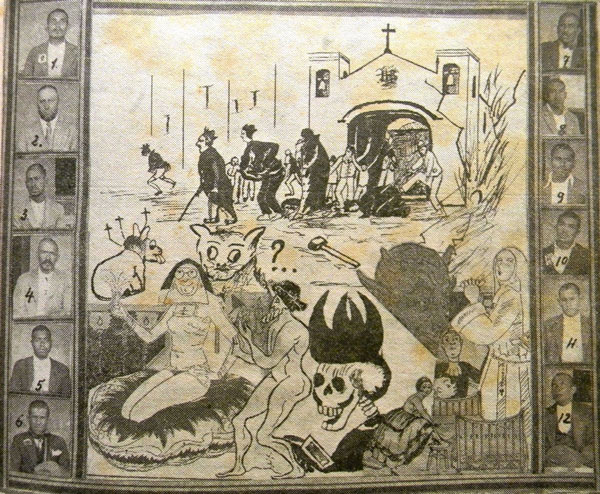Dibujo que muestra lo que los artesanos-obreros comunistas tenían “pensado hacer” con el clero al momento del triunfo de la revolución.