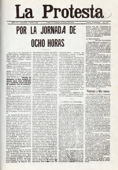 Portada del periódico La Protesta (1ª quincena de enero de 1919)