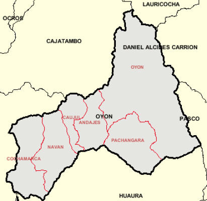 Mapa de la provincia de Oyón. En el distrito del mismo nombre (noreste) está asentada la comunidad campesina Santo Domingo de Nava