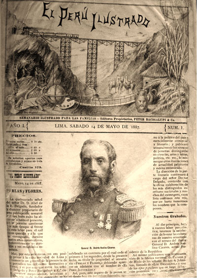 Retrato del Mariscal Andrés Avelino Cáceres, autor: Evaristo San Cristóval en la portada del primer número de El Perú Ilustrado (14-05-1887)