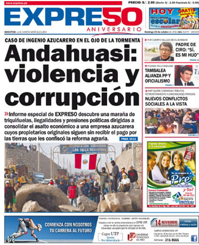 Portada del diario Expreso, del 21-10-2011