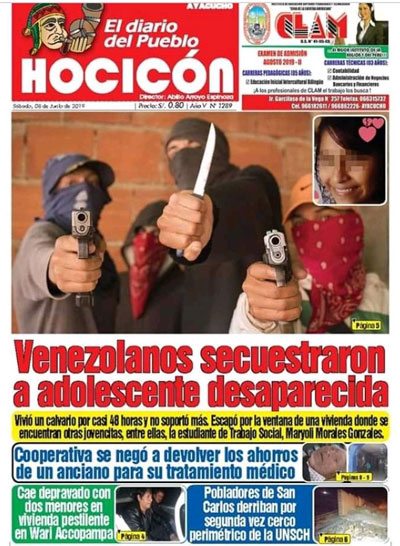 Portada del diario Hocicón (08-06-2019) relacionada al supuesto accionar delincuencial de inmigrantes venezolanos en la ciudad de Ayacucho