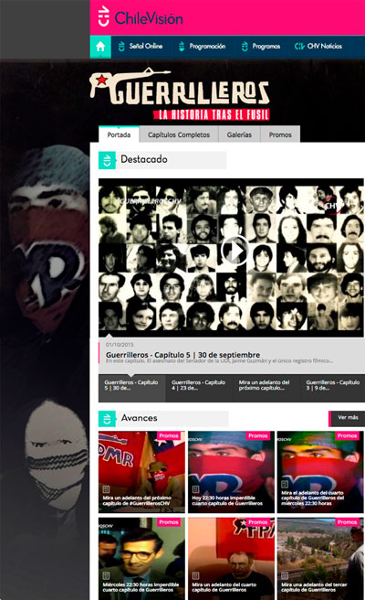 Captura de pantalla del sitio web de Chilevisión que anuncia el seriado documental Guerrilleros. La historia tras el fusil