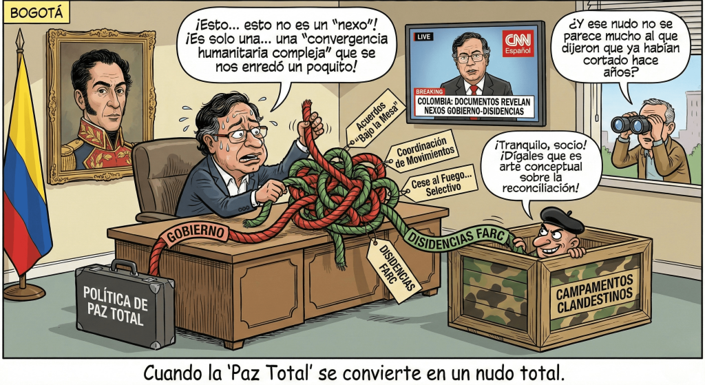 Caricatura Nexo entre el Gobierno y las disidencias de las FARC