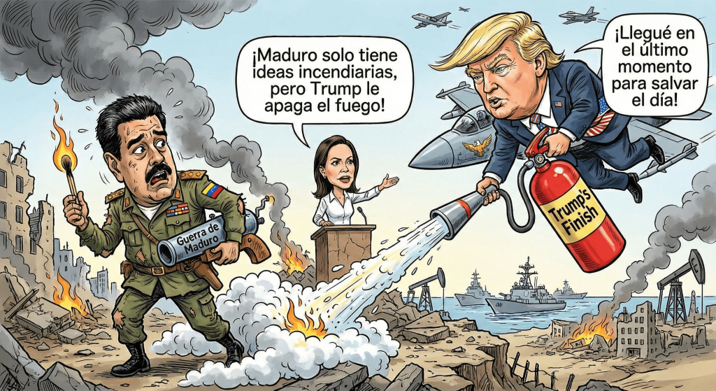 Caricatura Pacarinadelsur Marina Corina se enfrenta a Trump y Maduro